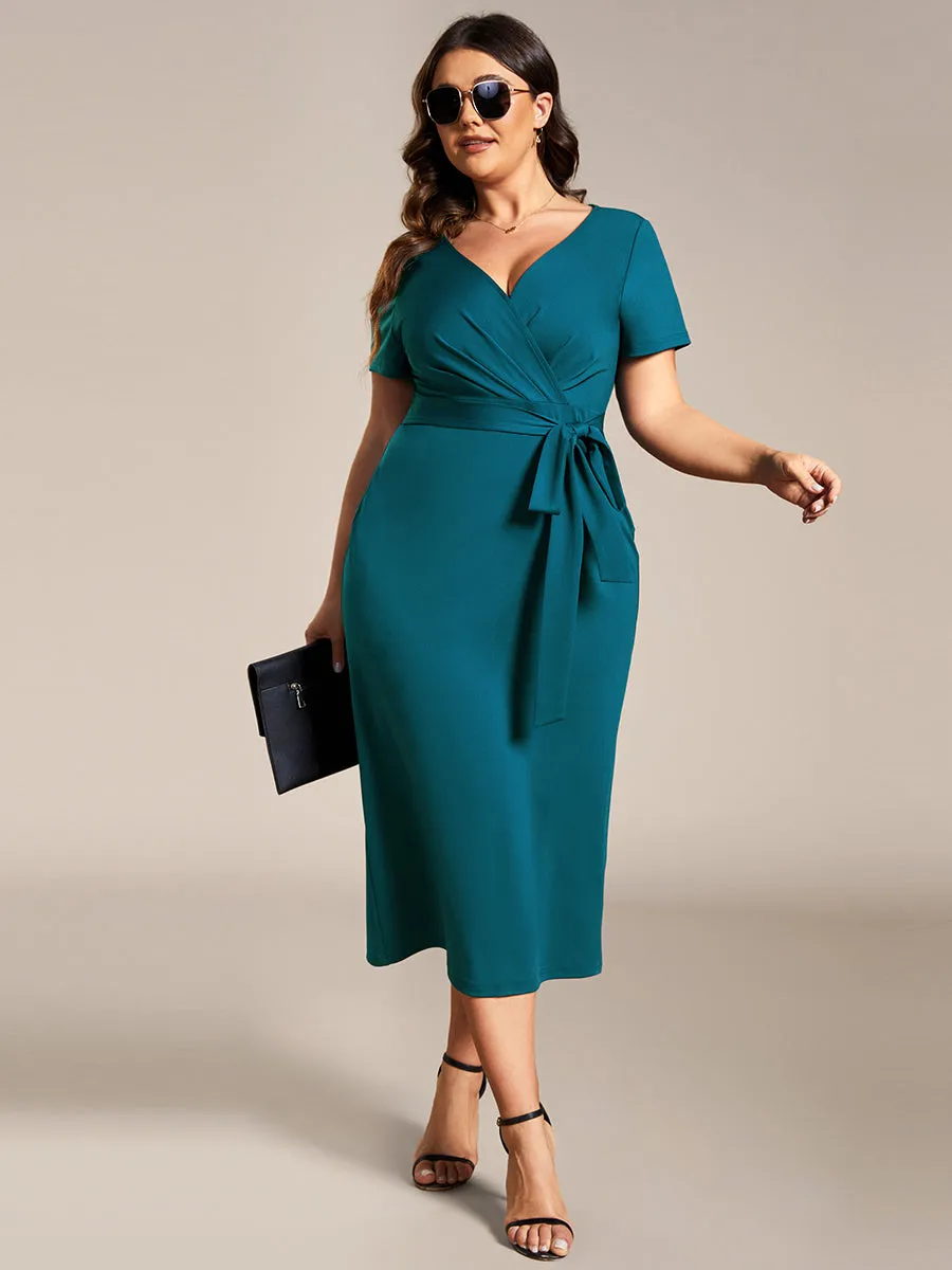 Plus Size Deep V Neck Short Sleeve Wholesale Cocktail Dresses With Belt