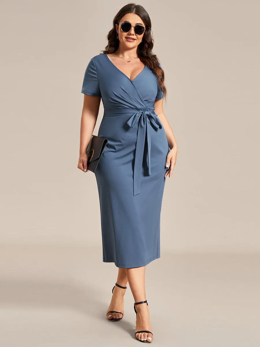 Plus Size Deep V Neck Short Sleeve Wholesale Cocktail Dresses With Belt