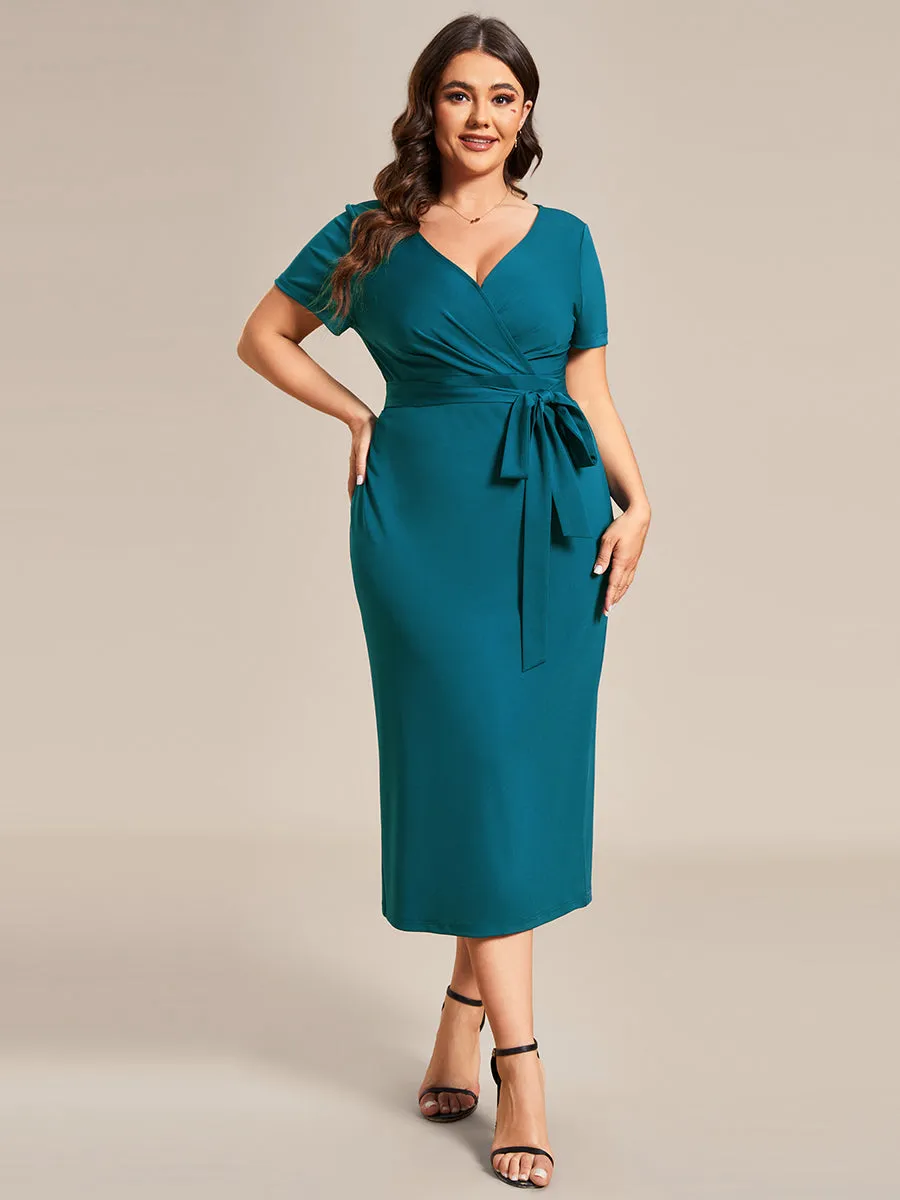 Plus Size Deep V Neck Short Sleeve Wholesale Cocktail Dresses With Belt