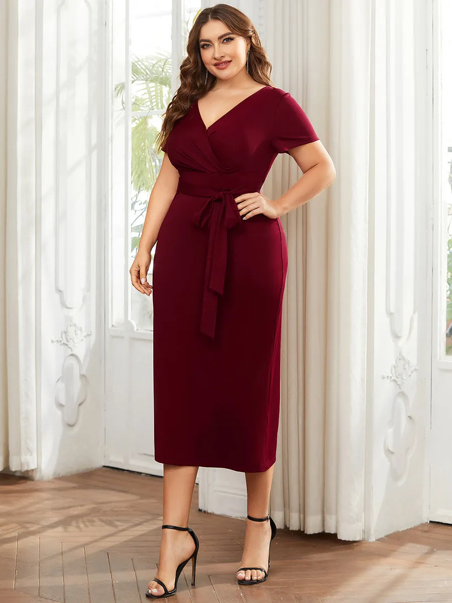 Plus Size Deep V Neck Short Sleeve Wholesale Cocktail Dresses With Belt