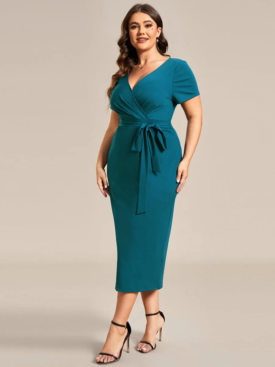 Plus Size Deep V Neck Short Sleeve Wholesale Cocktail Dresses With Belt