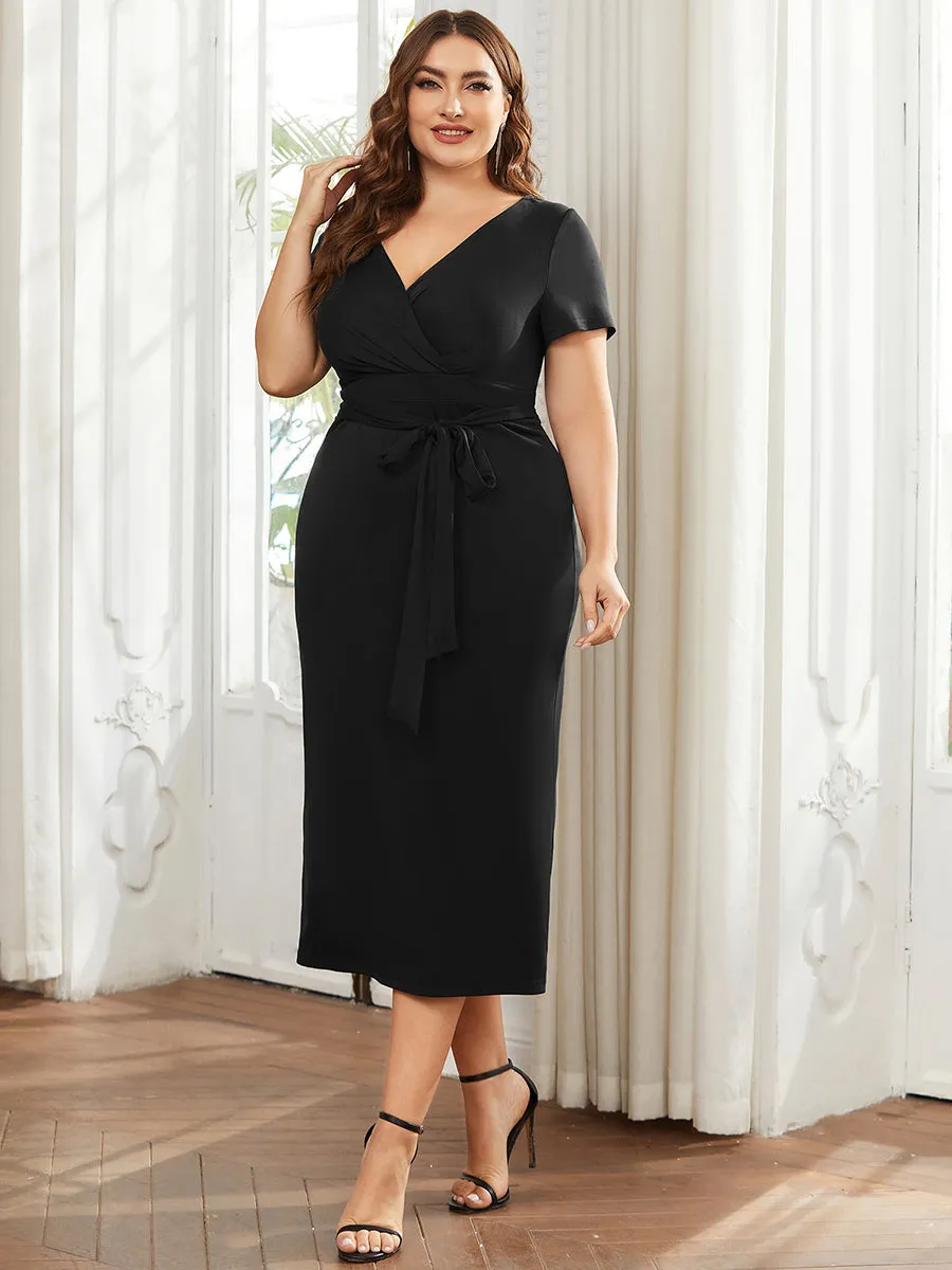 Plus Size Deep V Neck Short Sleeve Wholesale Cocktail Dresses With Belt