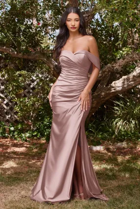 PROMISE Off Shoulder Ruched Waist Bridesmaids Maxi Dress with Side Split - Mauve Pink