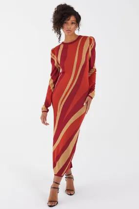 Red and Gold Midi Sweater Dress