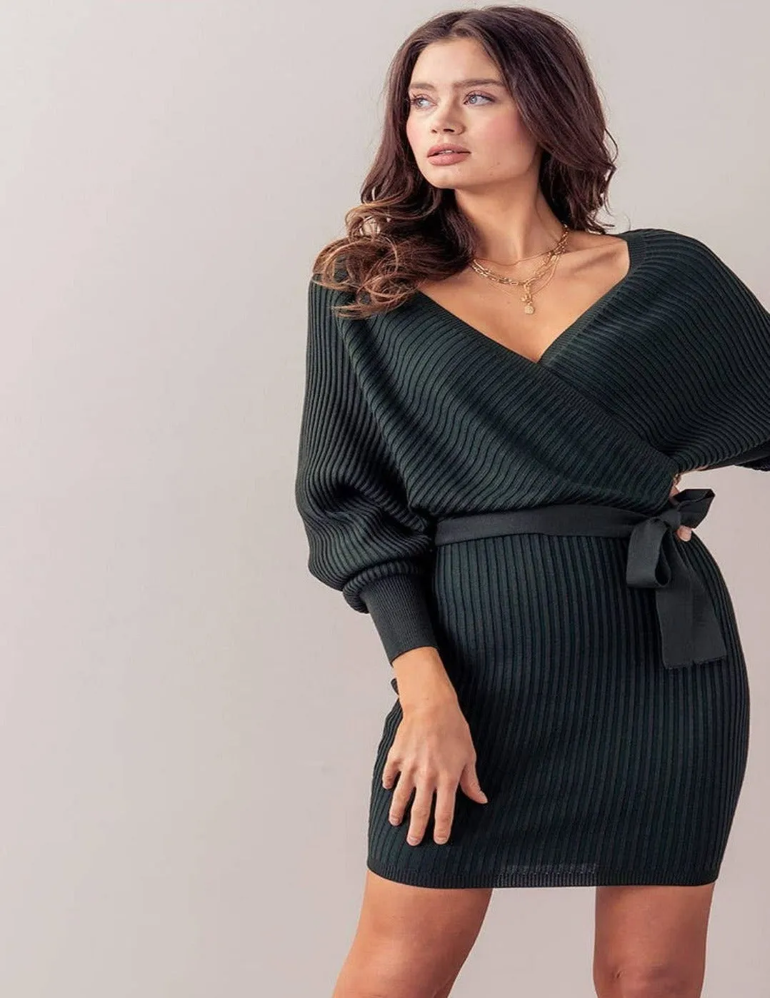 SOLID LONG SLEEVE WRAP DRESS