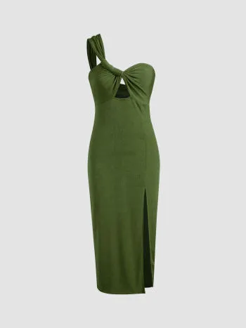 Solid one shoulder midi dress in green