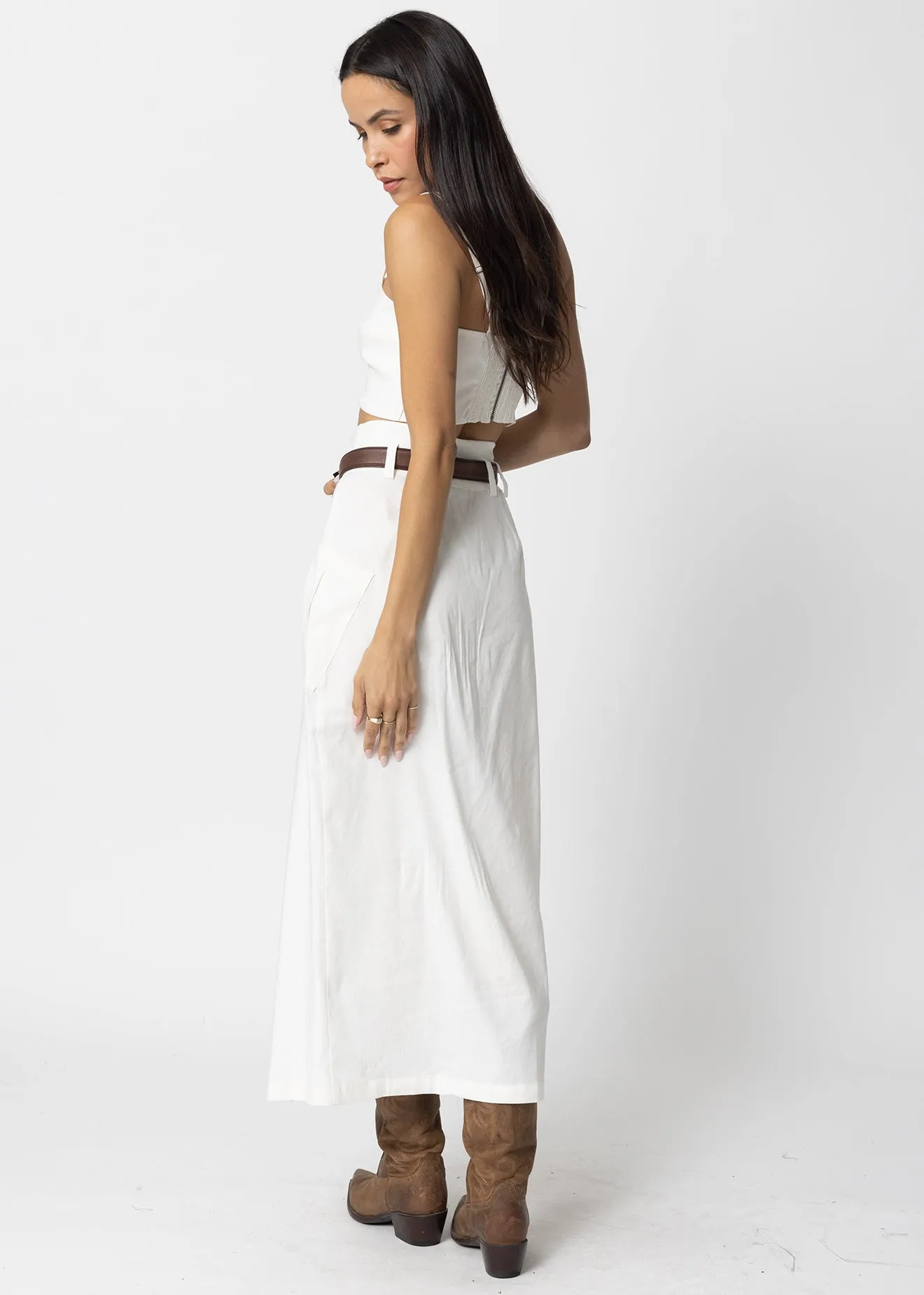 STRETCH LINEN CARGO KNOTCH WAIST MAXI SKIRT