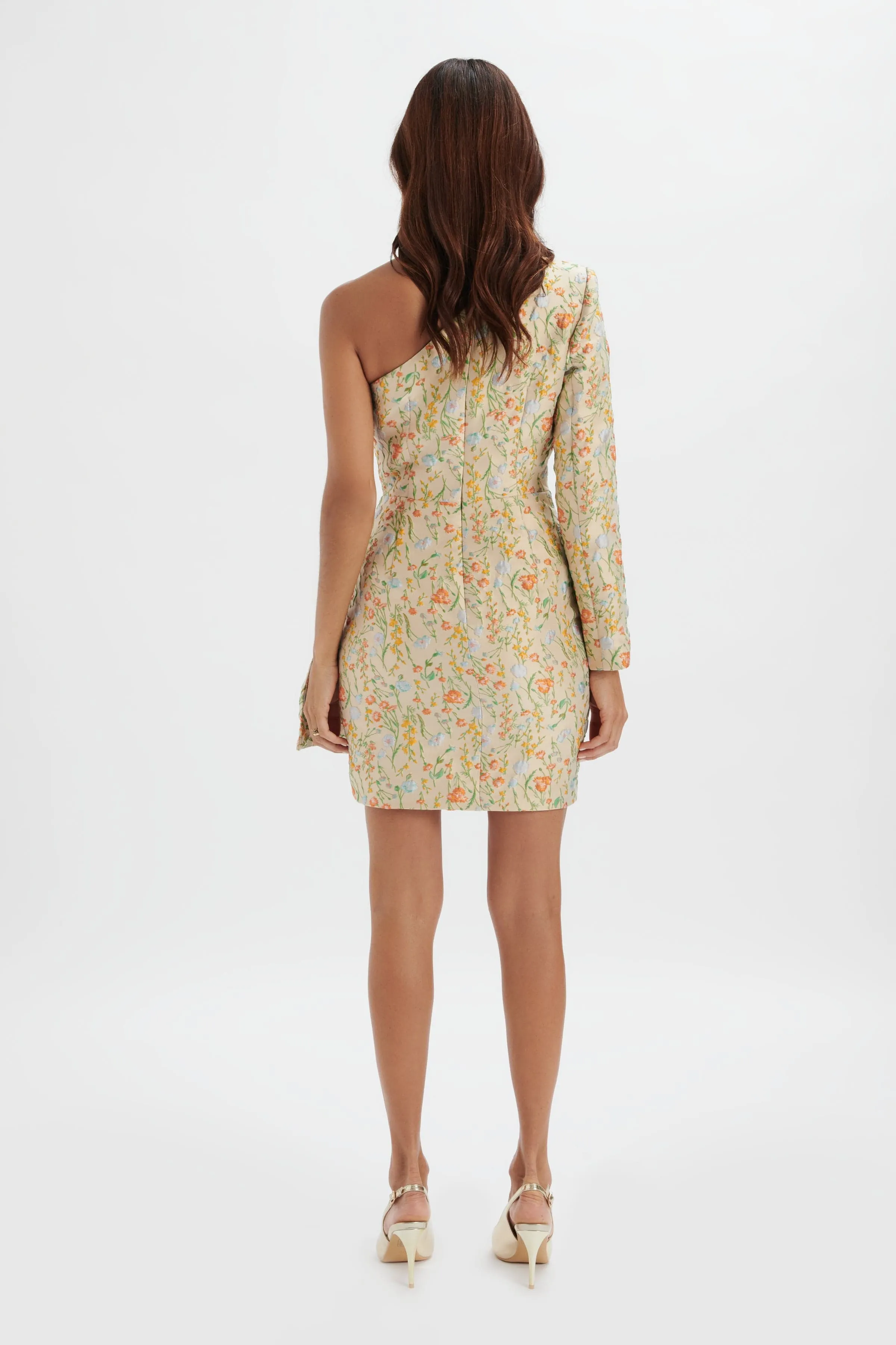 SUKI One Shoulder Wrap Mini Dress in Floral Brocade