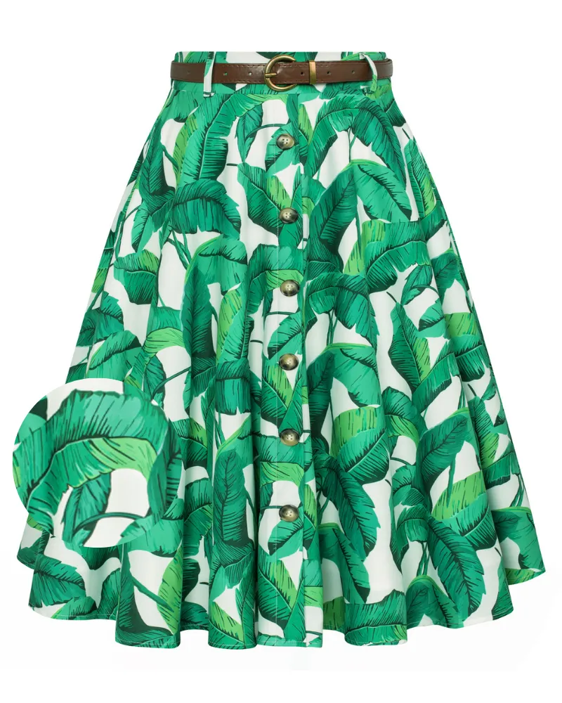 Swing Skirt Floral Patterns with Belt Elastic High Waist Buttons Decorated Skirt