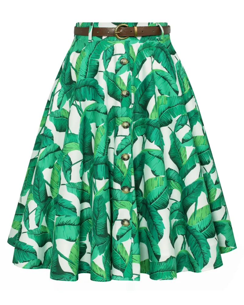 Swing Skirt Floral Patterns with Belt Elastic High Waist Buttons Decorated Skirt