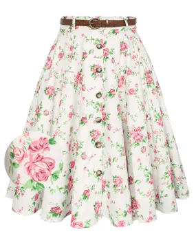 Swing Skirt Floral Patterns with Belt Elastic High Waist Buttons Decorated Skirt