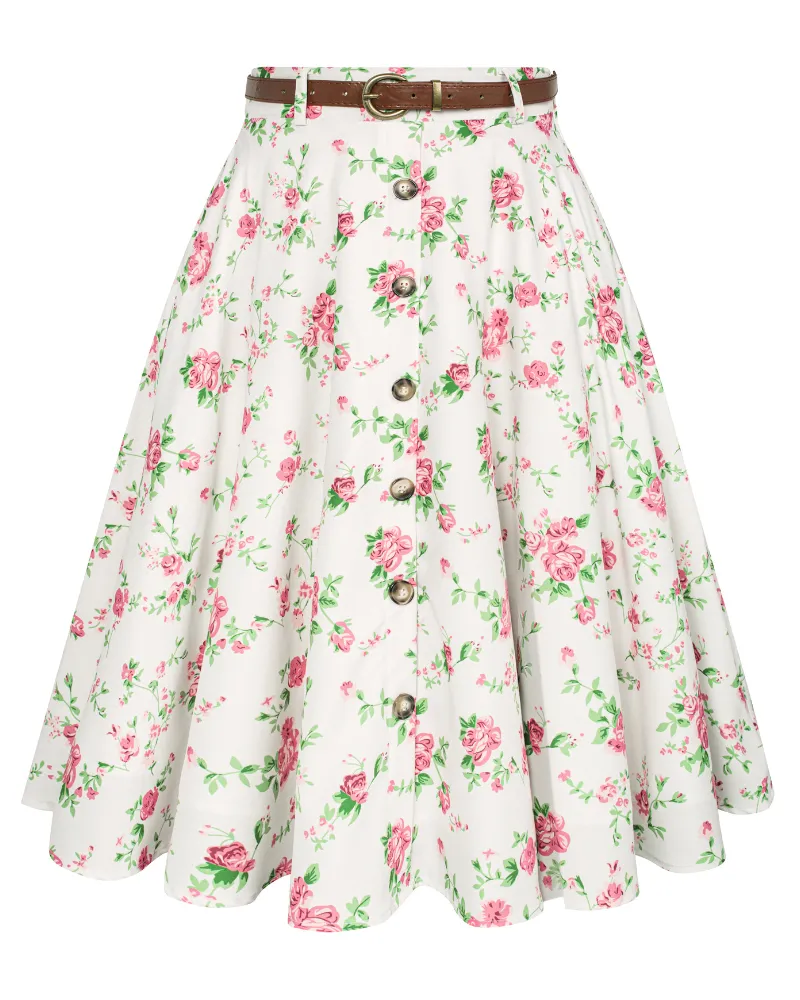 Swing Skirt Floral Patterns with Belt Elastic High Waist Buttons Decorated Skirt