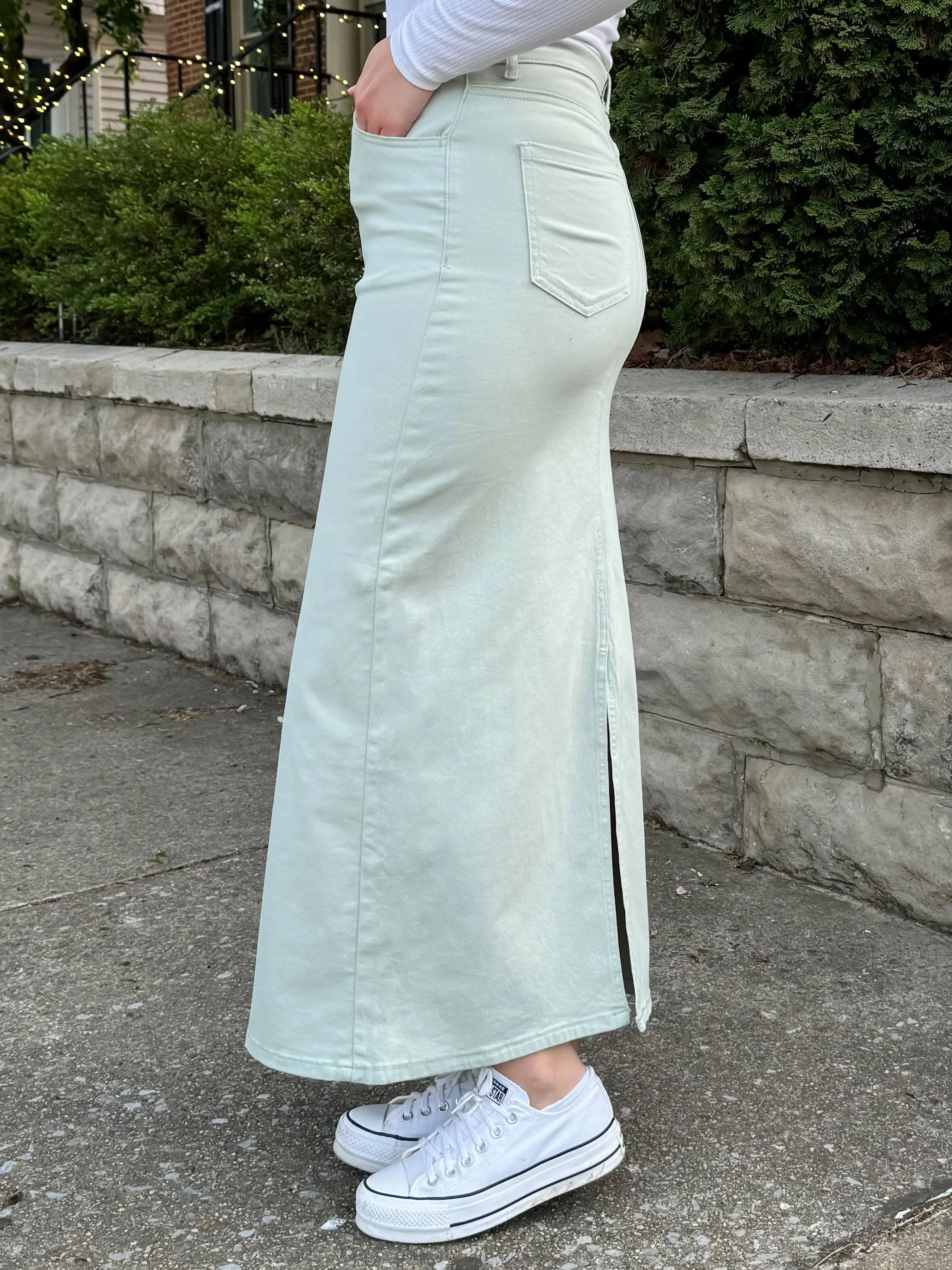 Taylee Denim Maxi Skirt in Sage