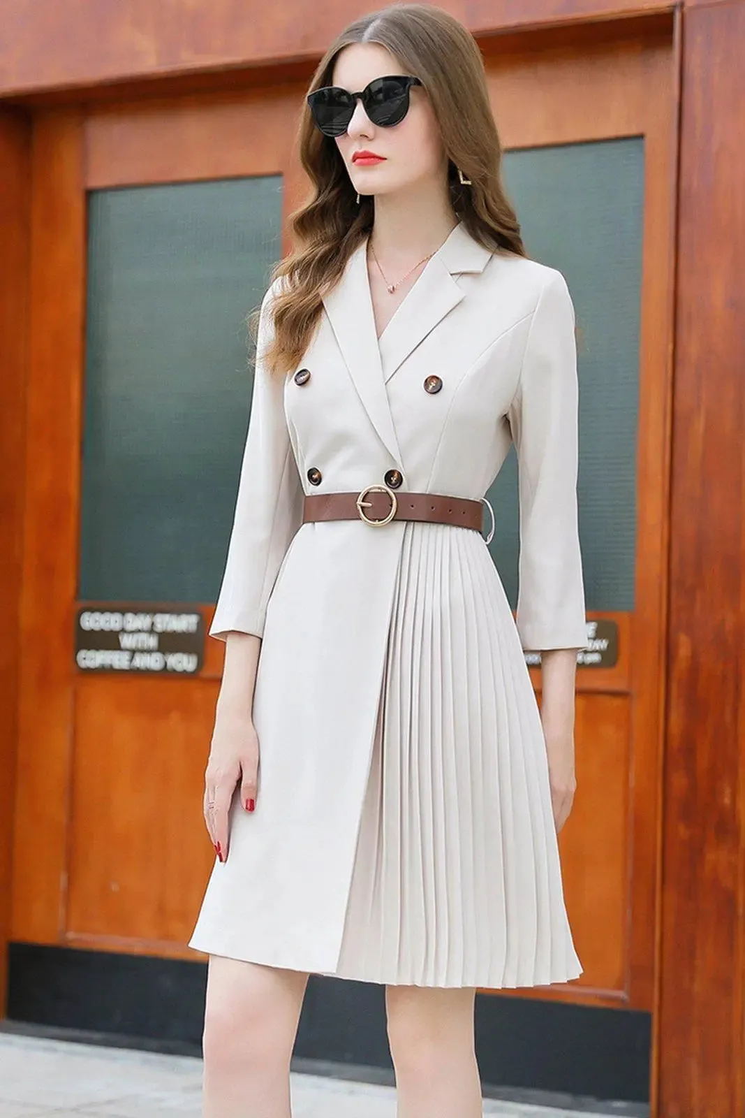 Three Quarter Sleeve Double Breasted Belted Blazer Dress