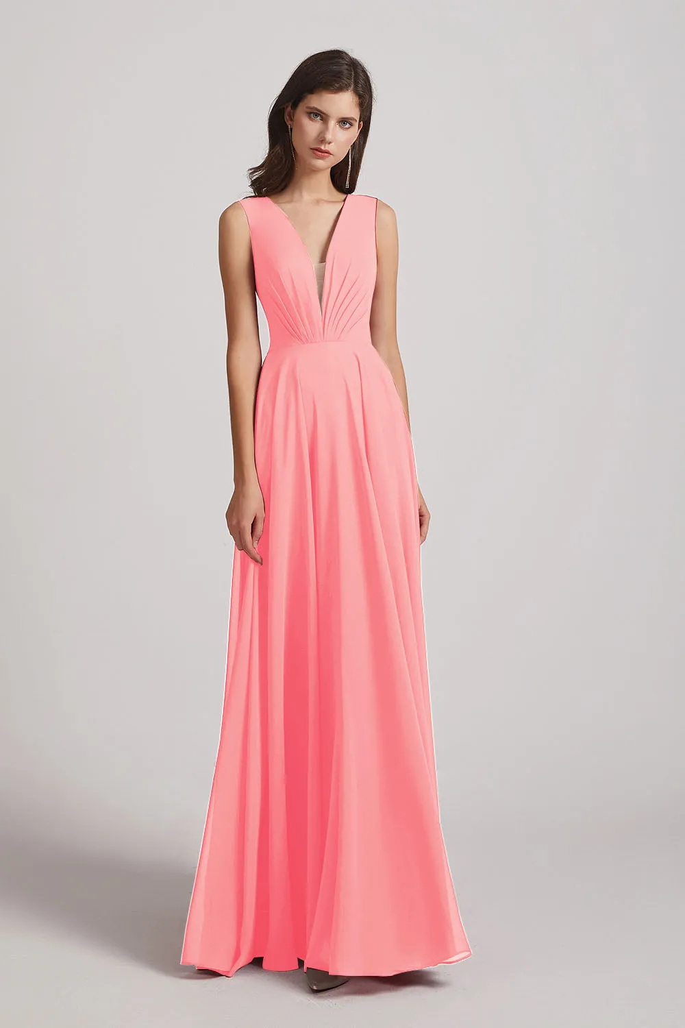 V-Neck Crinkle Sleeveless Chiffon Bridesmaid Dresses (AF0061)