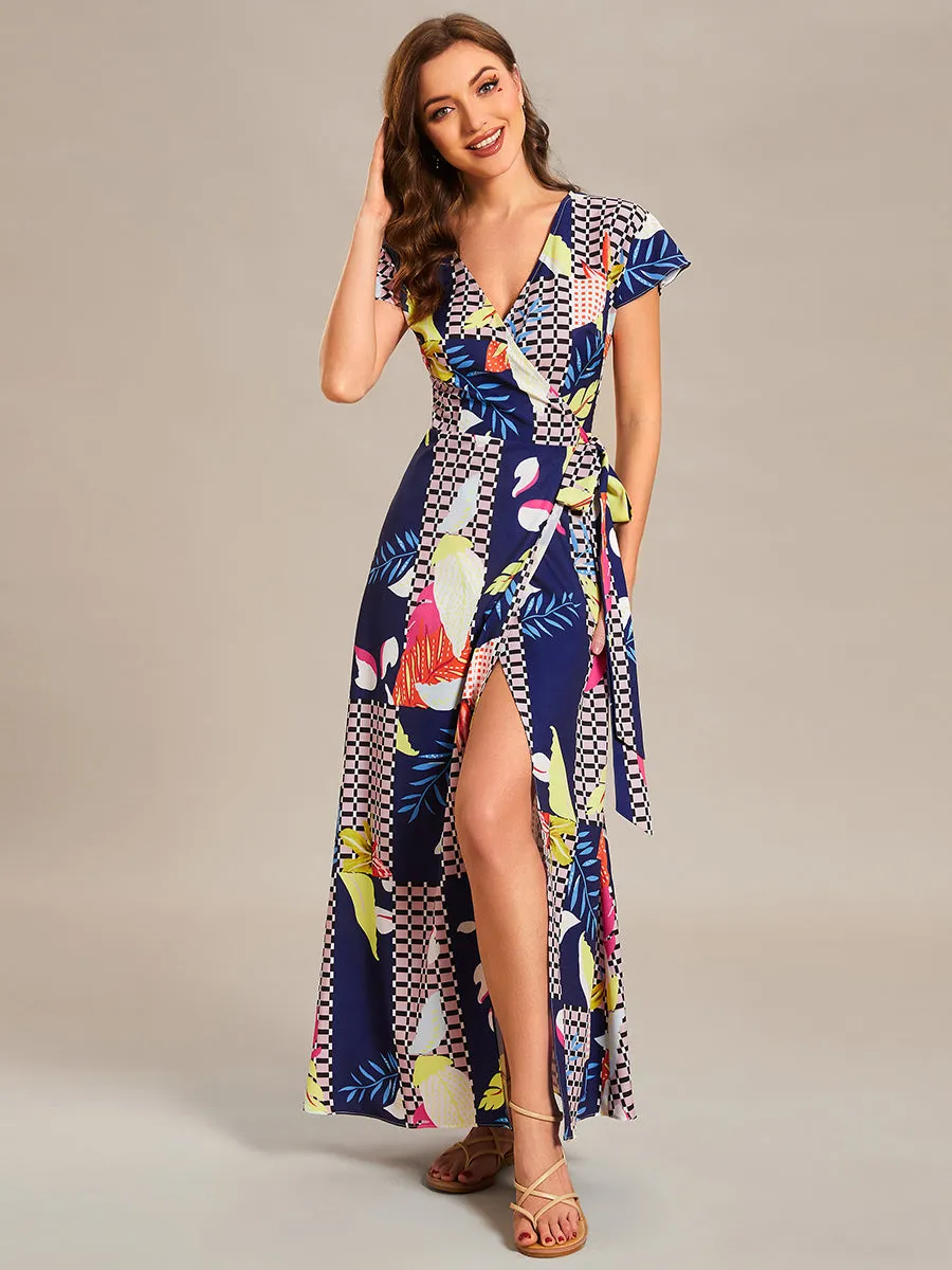 V-Neck Side Split Printed Wholesale Cocktail Dresses