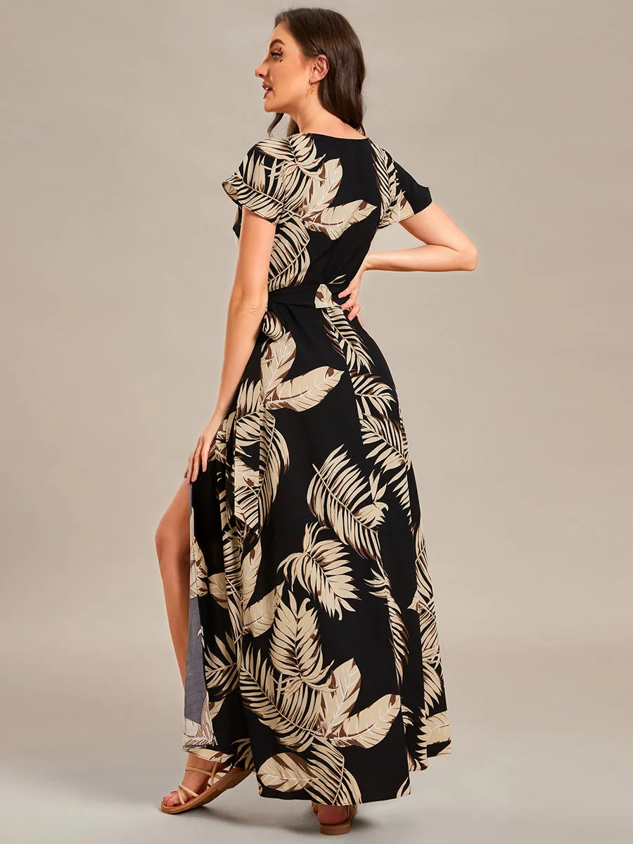 V-Neck Side Split Printed Wholesale Cocktail Dresses