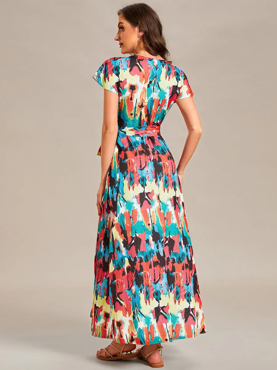 V-Neck Side Split Printed Wholesale Cocktail Dresses