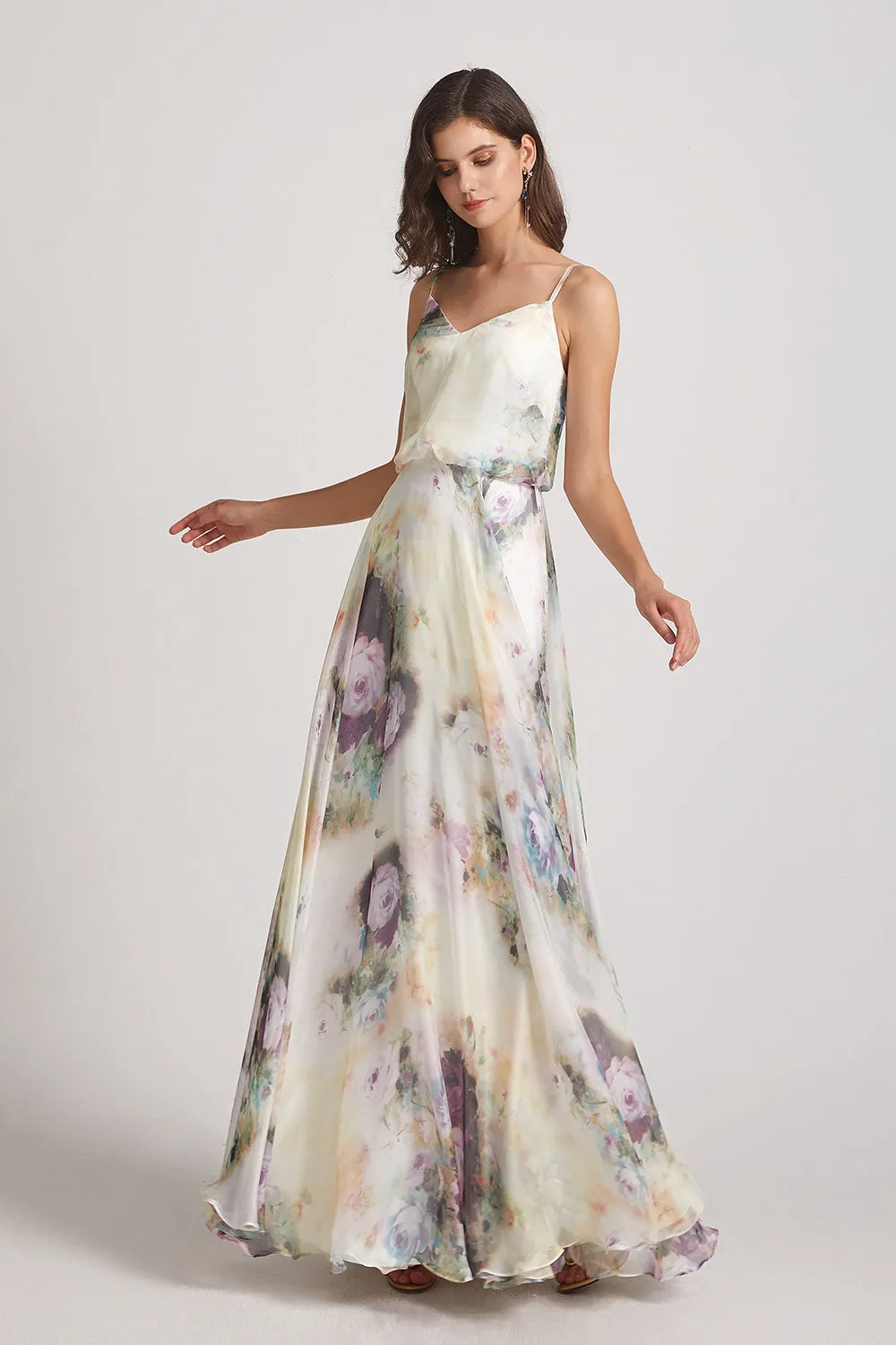 V-Neck Spaghetti Straps Floral Chiffon Bridesmaid Dresses (AF0125)