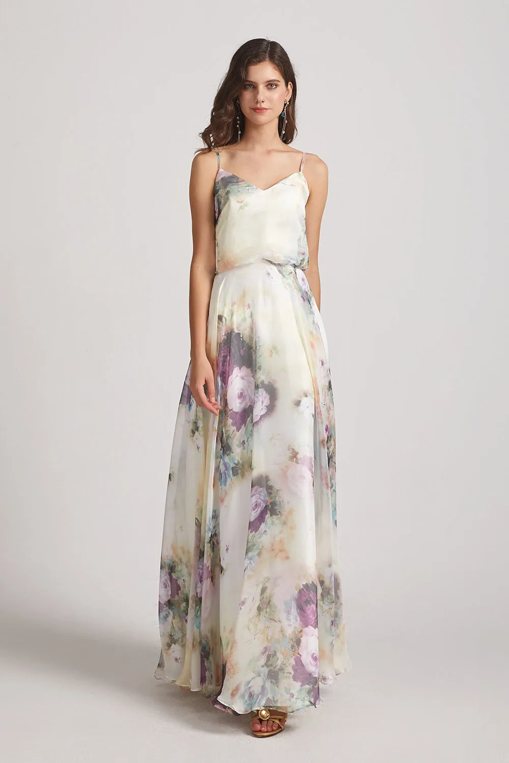 V-Neck Spaghetti Straps Floral Chiffon Bridesmaid Dresses (AF0125)