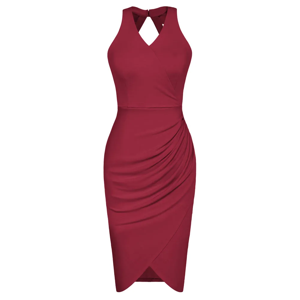 V Neck Wrap Dress Halter Sleeveless Ruched Bodycon Midi Cocktail Party Dresses