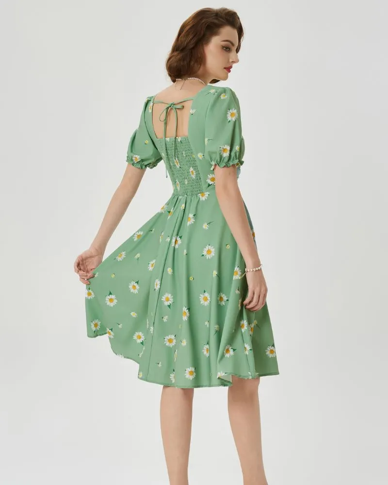 Vintage Floral Print Cocktail Dresses Square Neck Puff Sleeve Dress with Pockets