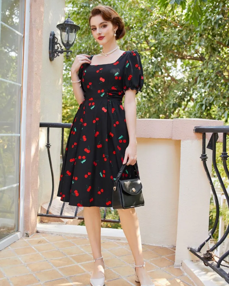 Vintage Floral Print Cocktail Dresses Square Neck Puff Sleeve Dress with Pockets