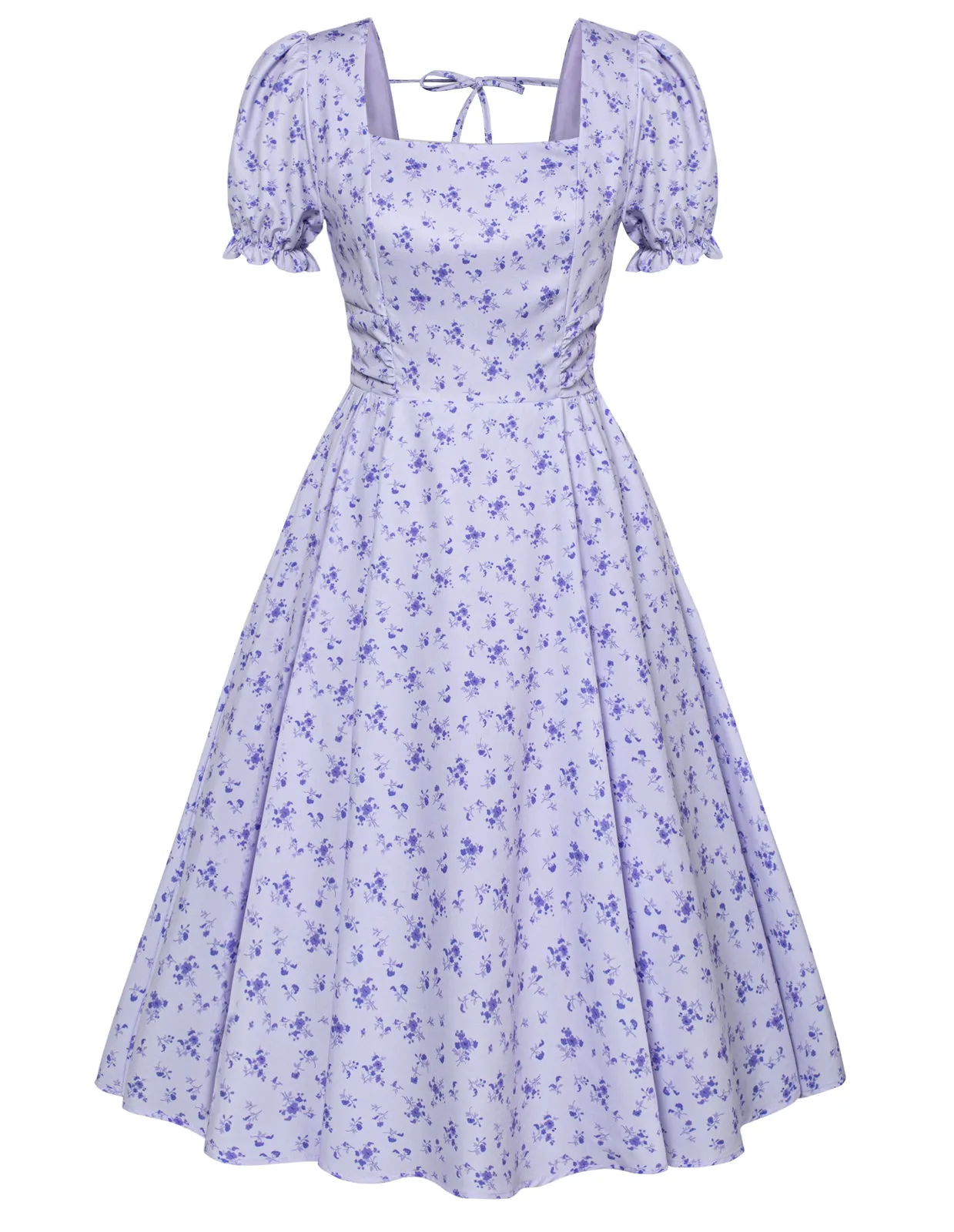 Vintage Floral Print Cocktail Dresses Square Neck Puff Sleeve Dress with Pockets