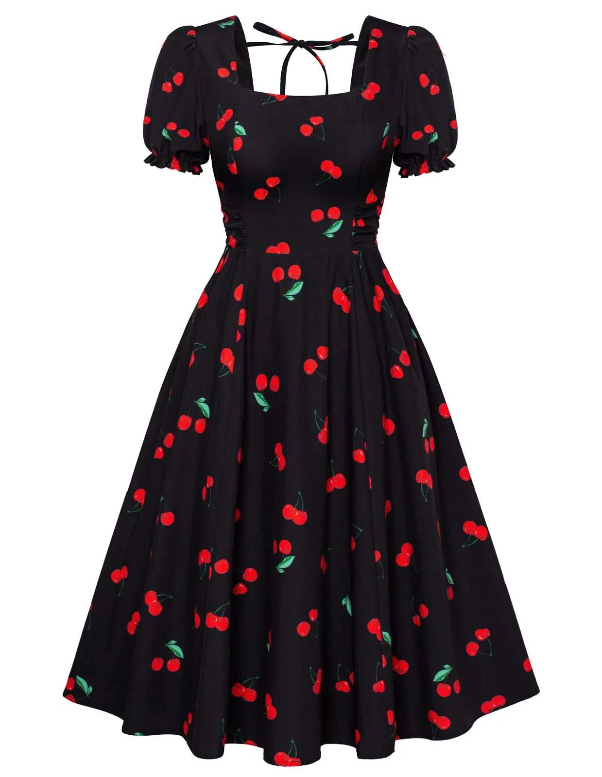 Vintage Floral Print Cocktail Dresses Square Neck Puff Sleeve Dress with Pockets