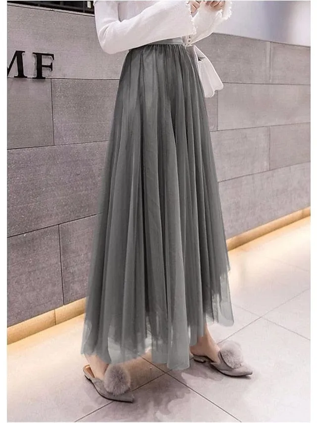 Vintage Style Women's Pleated Tulle Maxi Skirt