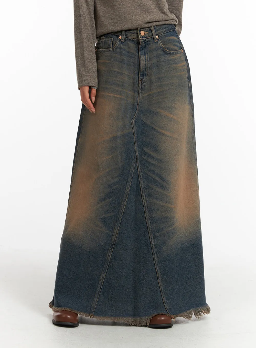 Washed Denim Maxi Skirt CJ418