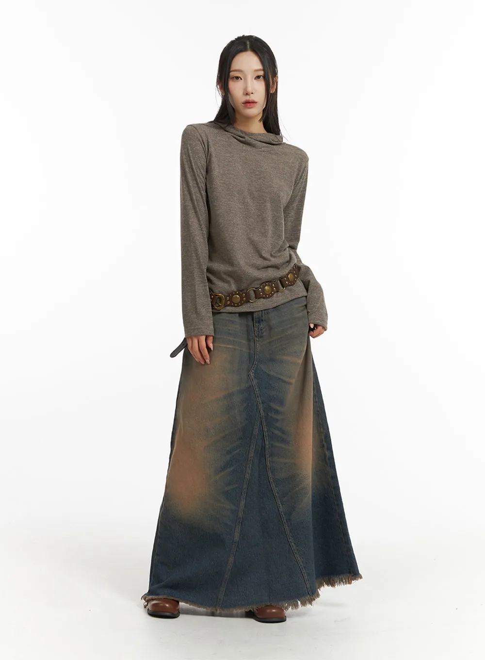 Washed Denim Maxi Skirt CJ418