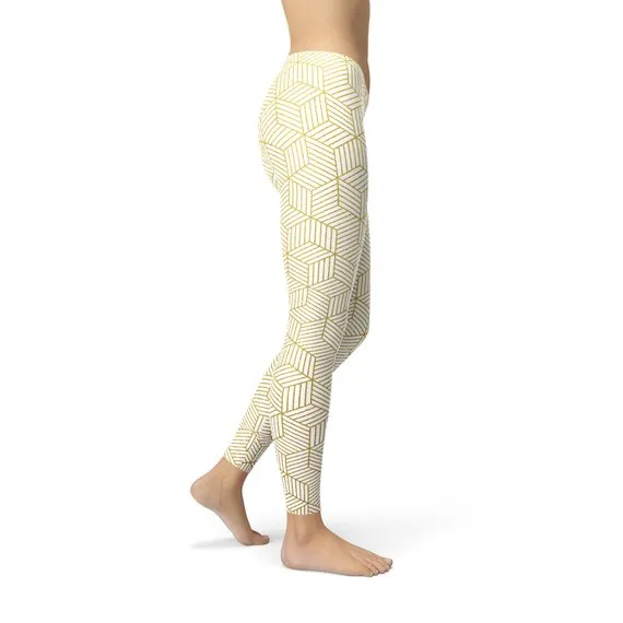 White Geometric Cubes Leggings